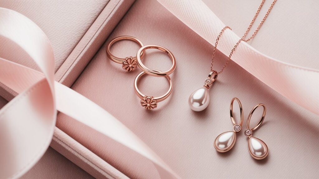 Exhibición de Joyas Avanzada: 3 Técnicas Profesionales y el Insumo Secreto que debes aprender 1 Agrupación de joyas de oro rosa por colección para un impacto visual fuerte y profesional en vitrina