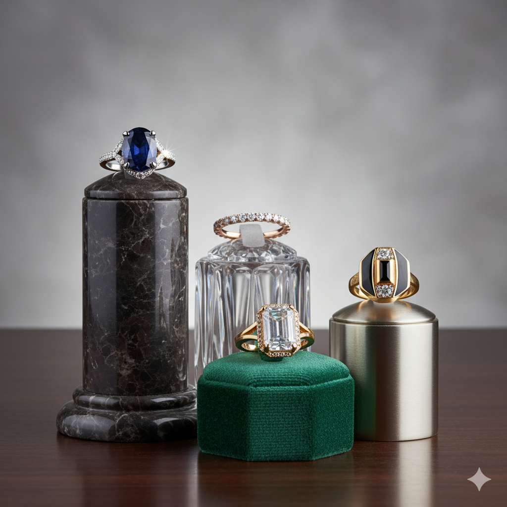 Cómo Exhibir Joyas: 3 Fundamentos y 4 Ideas Creativas para Tu Vitrina - Parte 1 1 Uso de taponeras de diferentes alturas para crear una exhibicion de anillos dinamica y moderna en joyerias